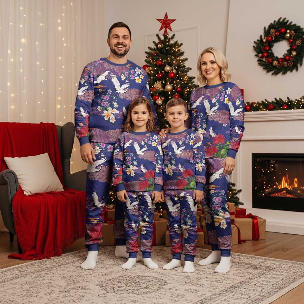 Hawaiian and Japanese Culture Together Christmas Pajama Set Blue Ohia Lehua Plumeria and Sakura Blooming - Polynesian Pride