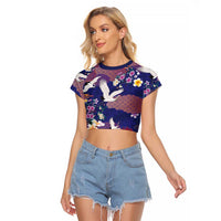 Hawaiian and Japanese Culture Together Raglan Cropped T Shirt Blue Ohia Lehua Plumeria and Sakura Blooming LT03 Female Blue - Polynesian Pride