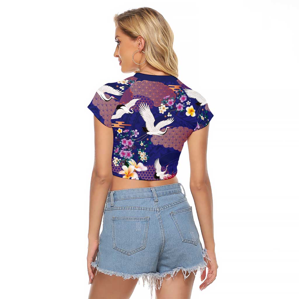 Hawaiian and Japanese Culture Together Raglan Cropped T Shirt Blue Ohia Lehua Plumeria and Sakura Blooming LT03 - Polynesian Pride