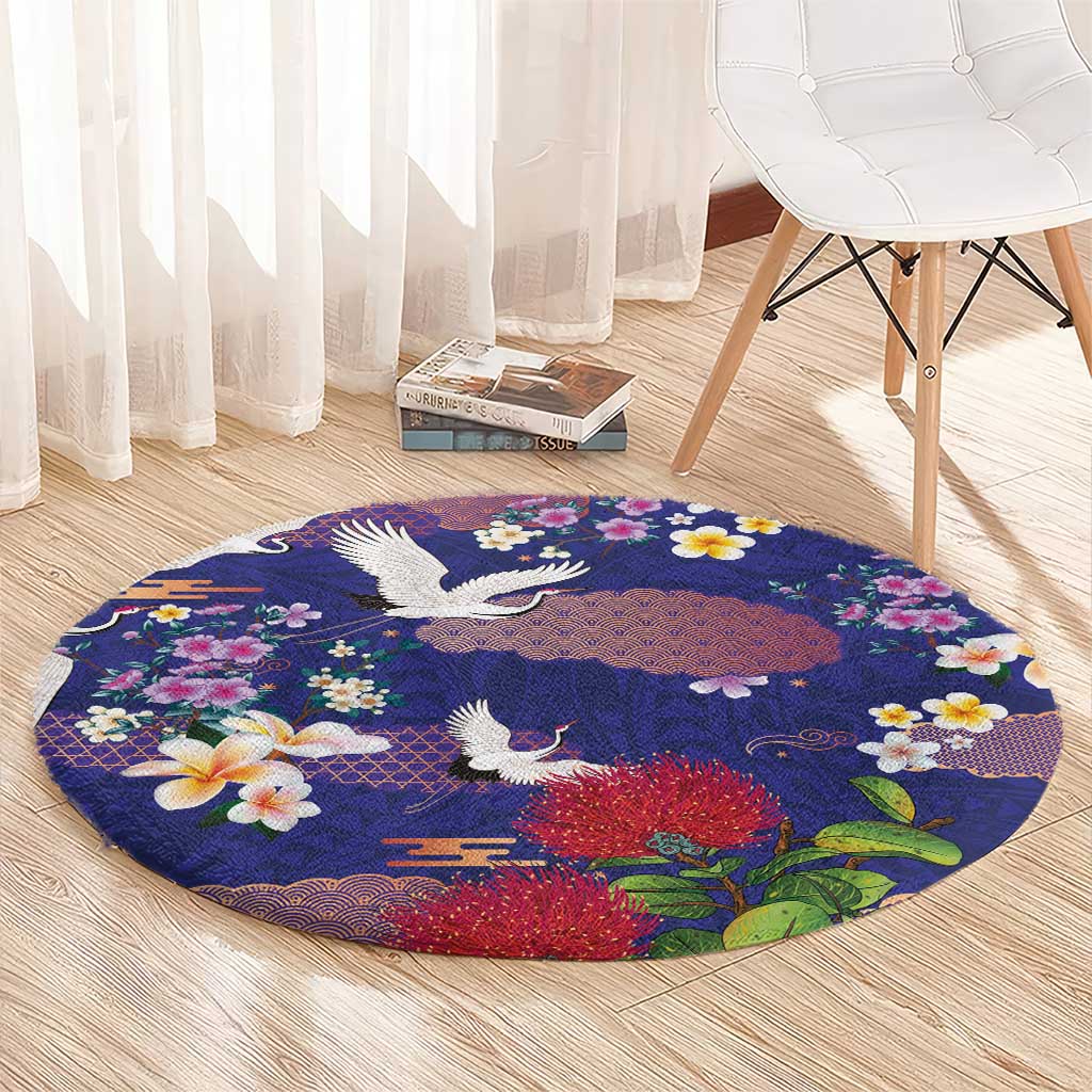 Hawaiian and Japanese Culture Together Round Carpet Blue Ohia Lehua Plumeria and Sakura Blooming - Polynesian Pride