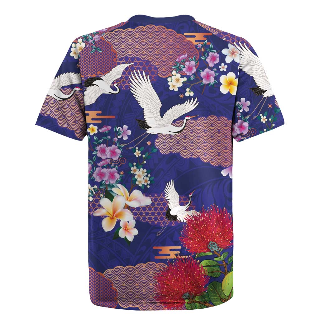 Hawaiian and Japanese Culture Together Rugby Jersey Blue Ohia Lehua Plumeria and Sakura Blooming - Polynesian Pride
