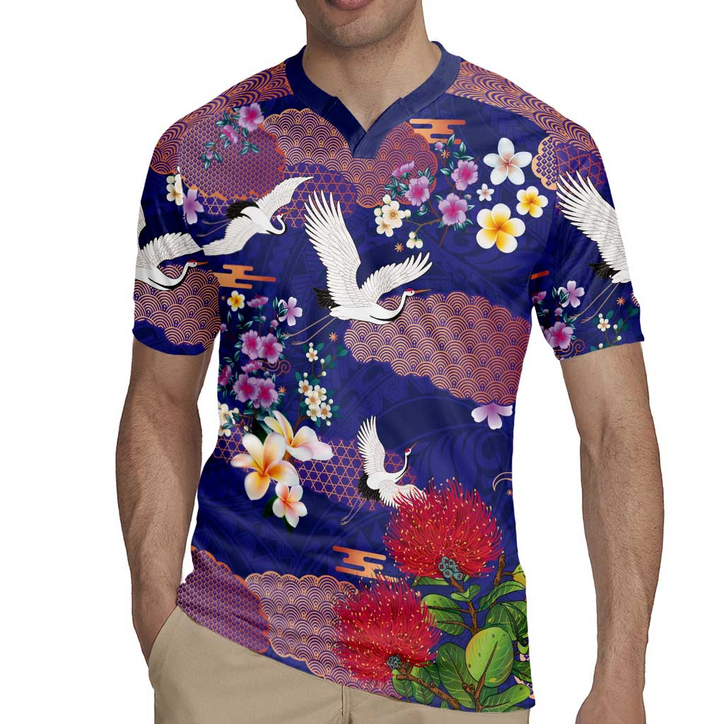 Hawaiian and Japanese Culture Together Rugby Jersey Blue Ohia Lehua Plumeria and Sakura Blooming - Polynesian Pride