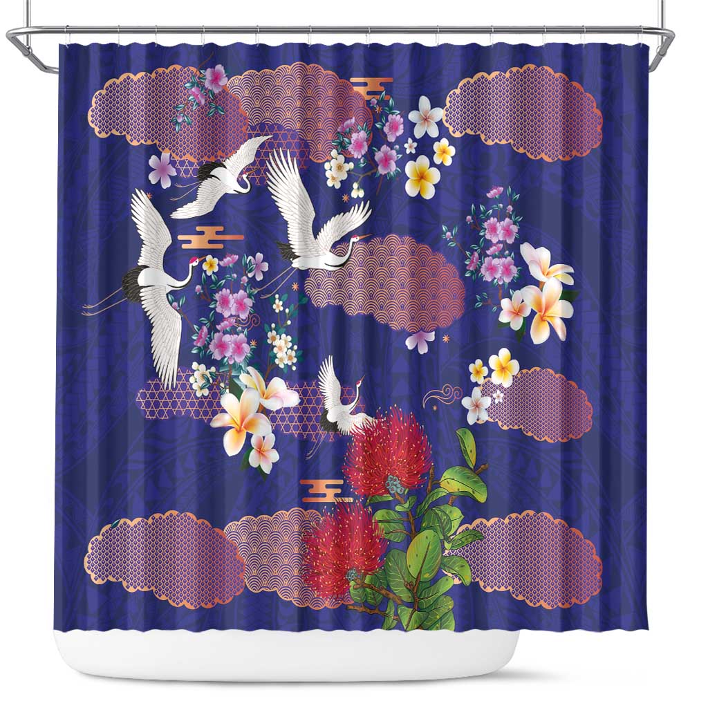 Hawaiian and Japanese Culture Together Shower Curtain Blue Ohia Lehua Plumeria and Sakura Blooming LT03 Blue - Polynesian Pride