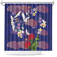 Hawaiian and Japanese Culture Together Shower Curtain Blue Ohia Lehua Plumeria and Sakura Blooming LT03 Blue - Polynesian Pride