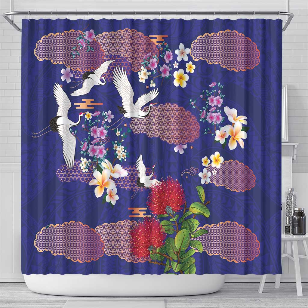 Hawaiian and Japanese Culture Together Shower Curtain Blue Ohia Lehua Plumeria and Sakura Blooming LT03 - Polynesian Pride