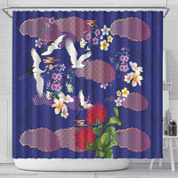Hawaiian and Japanese Culture Together Shower Curtain Blue Ohia Lehua Plumeria and Sakura Blooming LT03 - Polynesian Pride