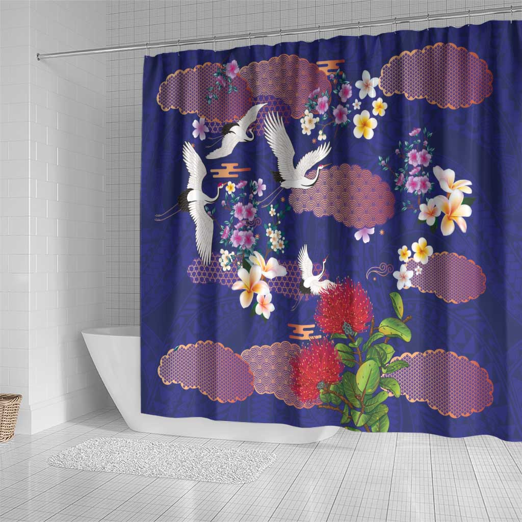 Hawaiian and Japanese Culture Together Shower Curtain Blue Ohia Lehua Plumeria and Sakura Blooming LT03 - Polynesian Pride