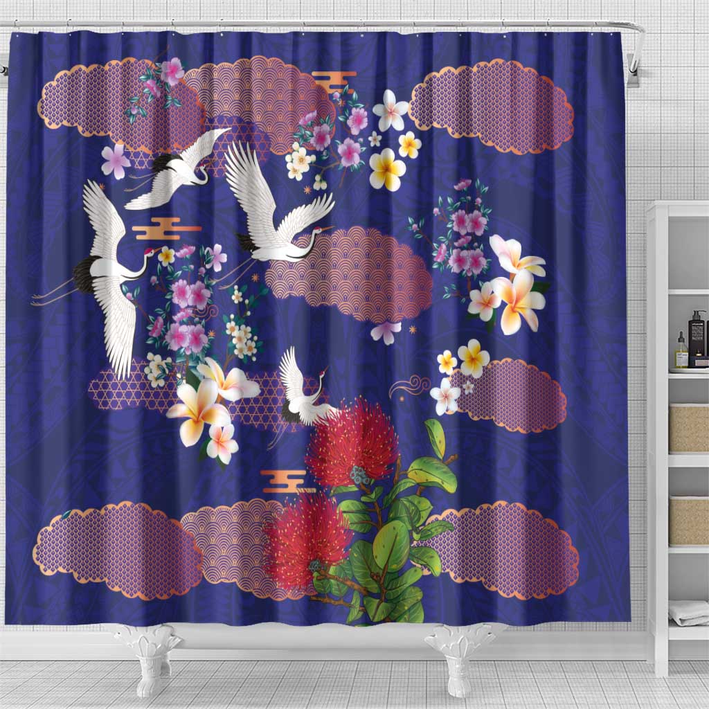 Hawaiian and Japanese Culture Together Shower Curtain Blue Ohia Lehua Plumeria and Sakura Blooming LT03 - Polynesian Pride