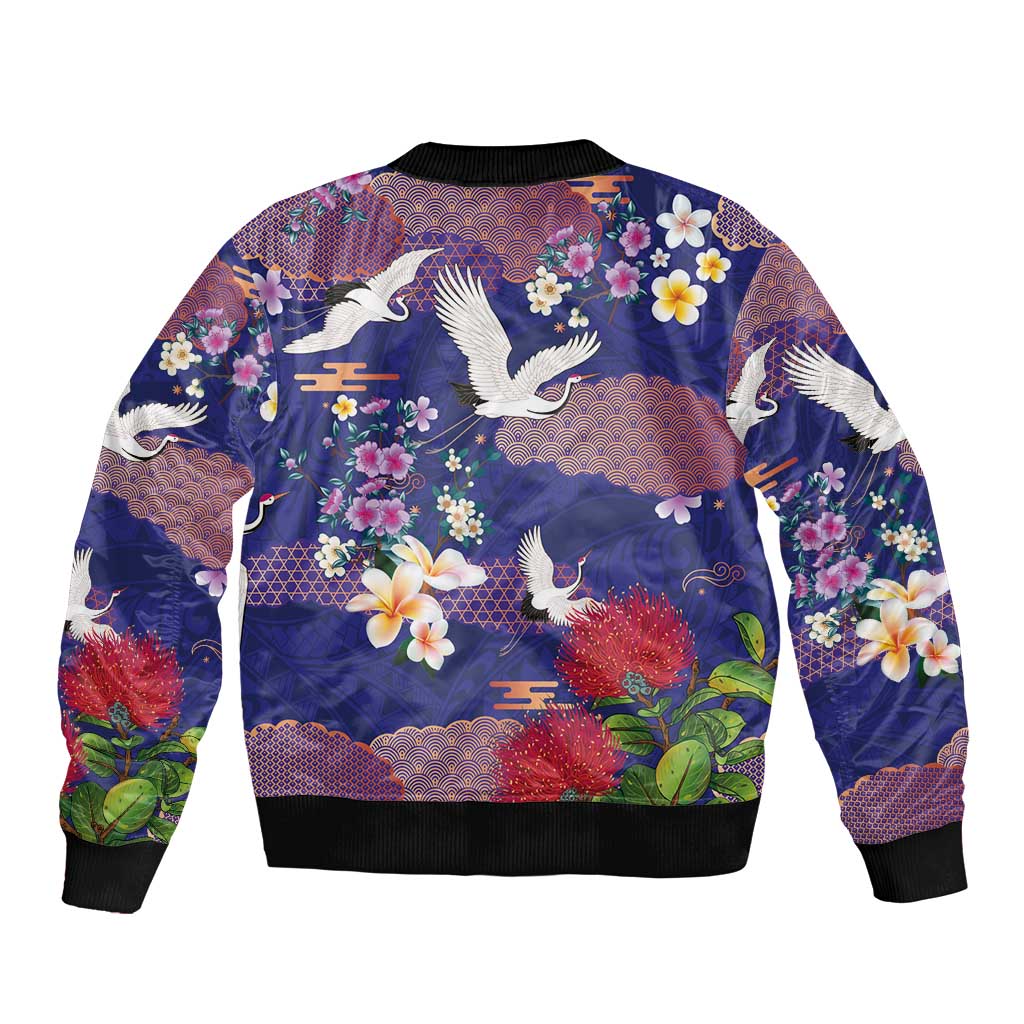 Hawaiian and Japanese Culture Together Sleeve Zip Bomber Jacket Blue Ohia Lehua Plumeria and Sakura Blooming - Polynesian Pride