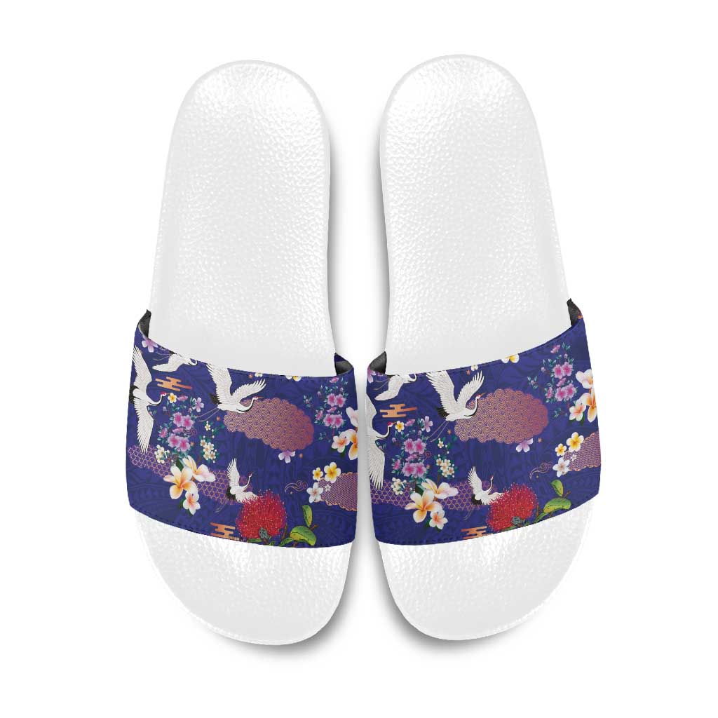 Hawaiian and Japanese Culture Together Slide Sandals Blue Ohia Lehua Plumeria and Sakura Blooming - Polynesian Pride