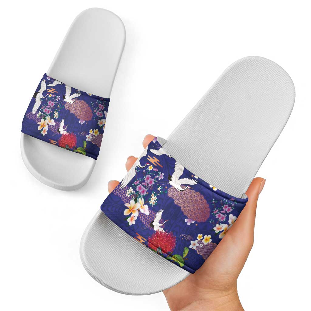 Hawaiian and Japanese Culture Together Slide Sandals Blue Ohia Lehua Plumeria and Sakura Blooming - Polynesian Pride