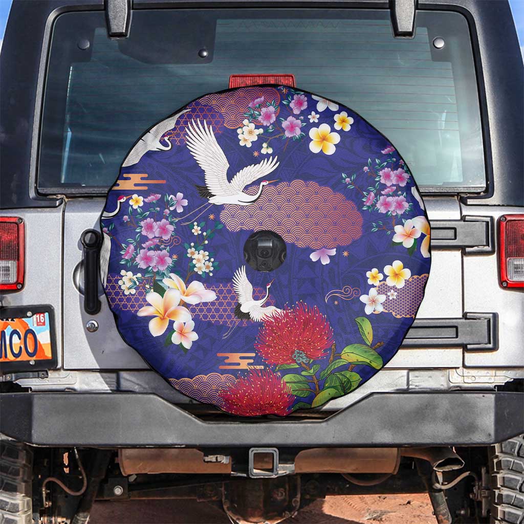 Hawaiian and Japanese Culture Together Spare Tire Cover Blue Ohia Lehua Plumeria and Sakura Blooming LT03 Blue - Polynesian Pride