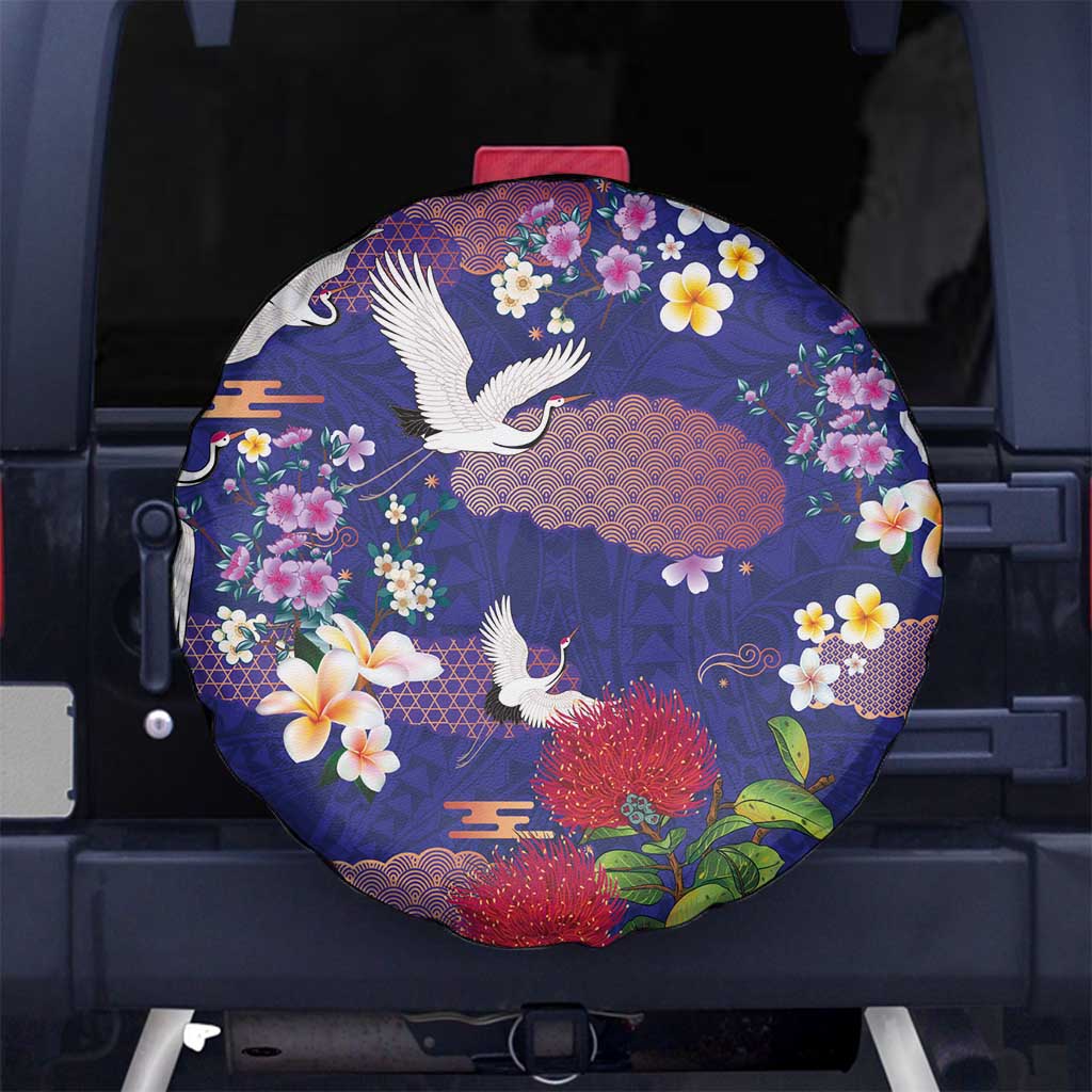 Hawaiian and Japanese Culture Together Spare Tire Cover Blue Ohia Lehua Plumeria and Sakura Blooming LT03 No hole Blue - Polynesian Pride