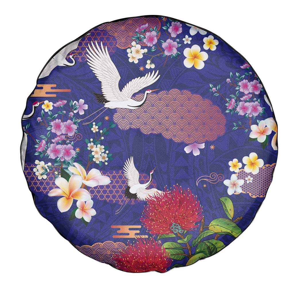 Hawaiian and Japanese Culture Together Spare Tire Cover Blue Ohia Lehua Plumeria and Sakura Blooming LT03 - Polynesian Pride