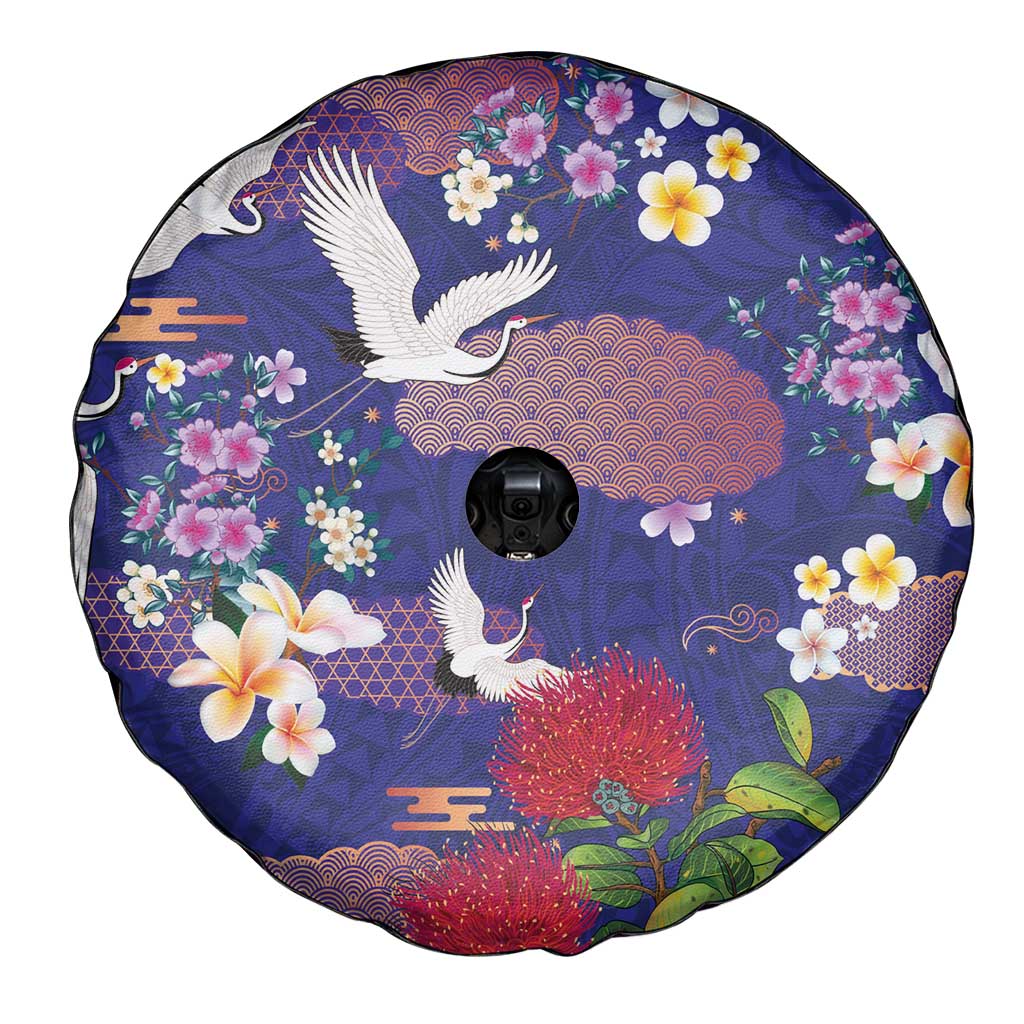 Hawaiian and Japanese Culture Together Spare Tire Cover Blue Ohia Lehua Plumeria and Sakura Blooming LT03 - Polynesian Pride