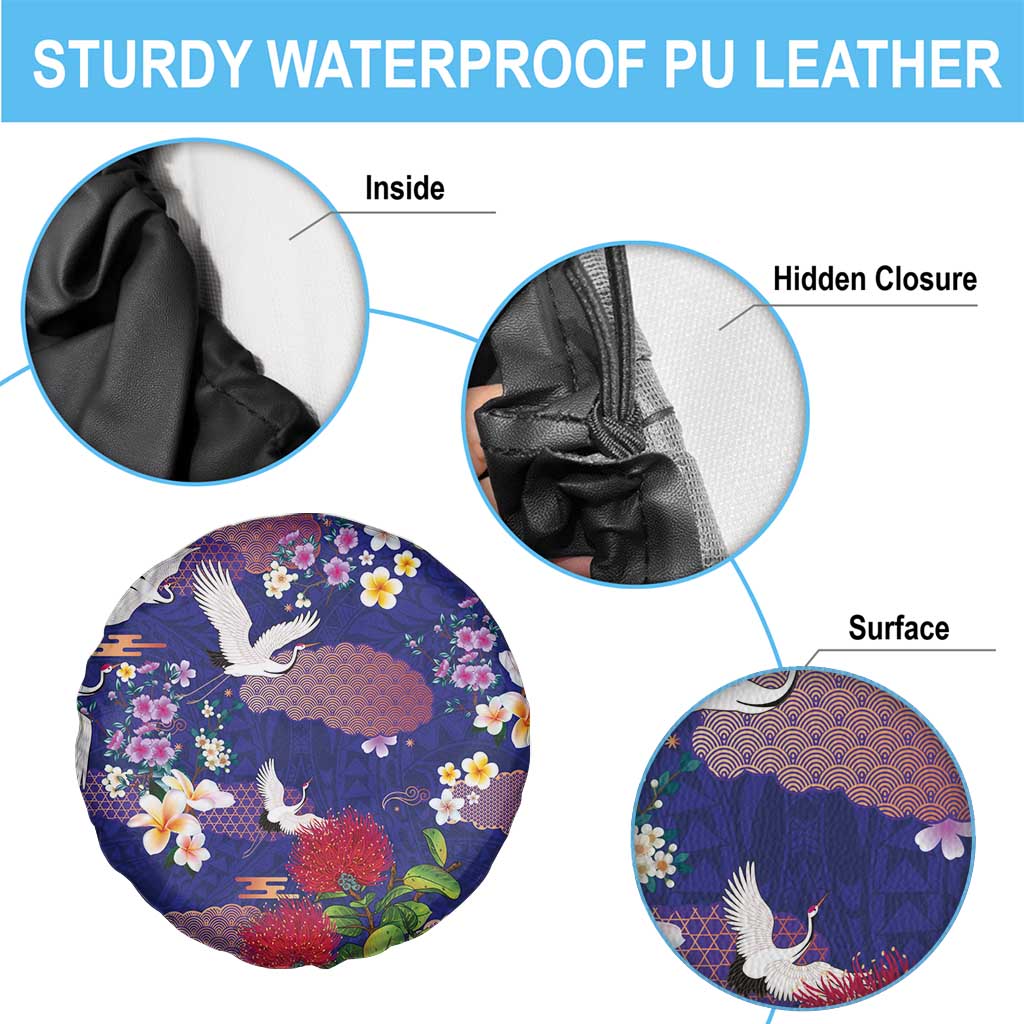 Hawaiian and Japanese Culture Together Spare Tire Cover Blue Ohia Lehua Plumeria and Sakura Blooming LT03 - Polynesian Pride