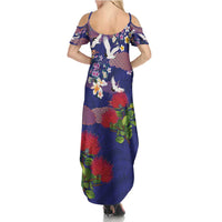 Hawaiian and Japanese Culture Together Summer Maxi Dress Blue Ohia Lehua Plumeria and Sakura Blooming - Polynesian Pride