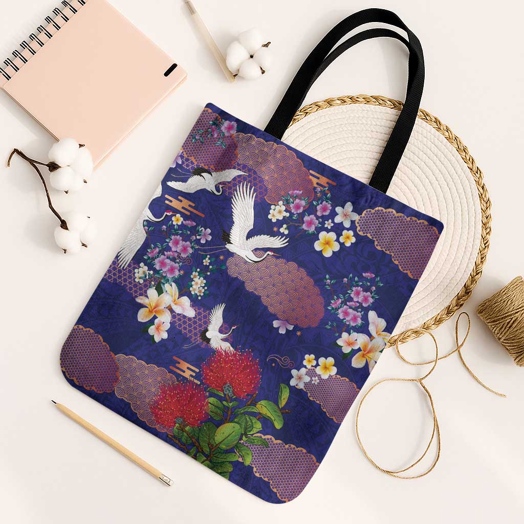 Hawaiian and Japanese Culture Together Tote Bag Blue Ohia Lehua Plumeria and Sakura Blooming - Polynesian Pride