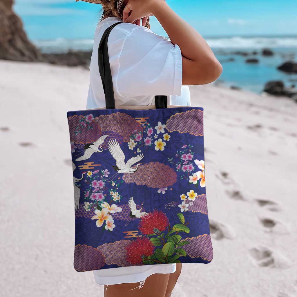 Hawaiian and Japanese Culture Together Tote Bag Blue Ohia Lehua Plumeria and Sakura Blooming - Polynesian Pride