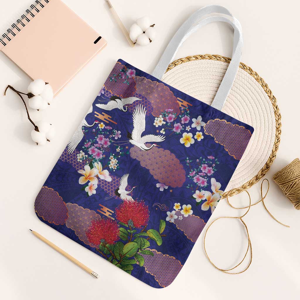 Hawaiian and Japanese Culture Together Tote Bag Blue Ohia Lehua Plumeria and Sakura Blooming - Polynesian Pride