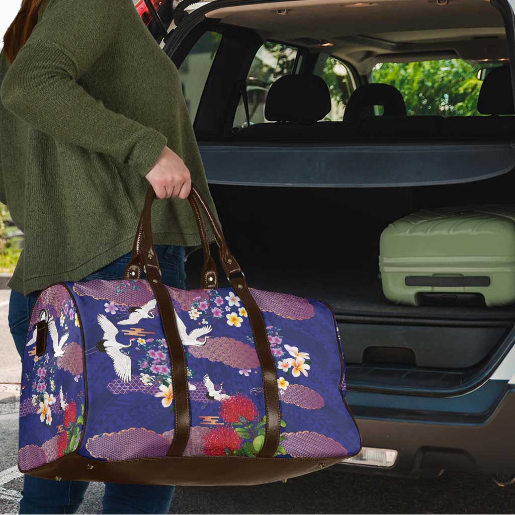 Hawaiian and Japanese Culture Together Travel Bag Blue Ohia Lehua Plumeria and Sakura Blooming - Polynesian Pride