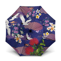 Hawaiian and Japanese Culture Together Umbrella Blue Ohia Lehua Plumeria and Sakura Blooming LT03 One Size Folded 11.42 inch Opened Diameter 37.4 inch Blue - Polynesian Pride