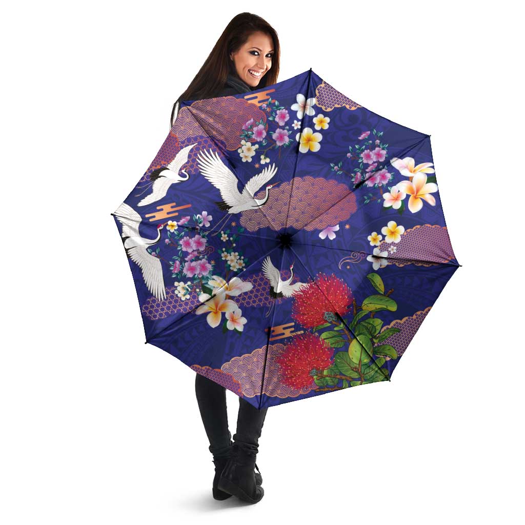 Hawaiian and Japanese Culture Together Umbrella Blue Ohia Lehua Plumeria and Sakura Blooming LT03 - Polynesian Pride