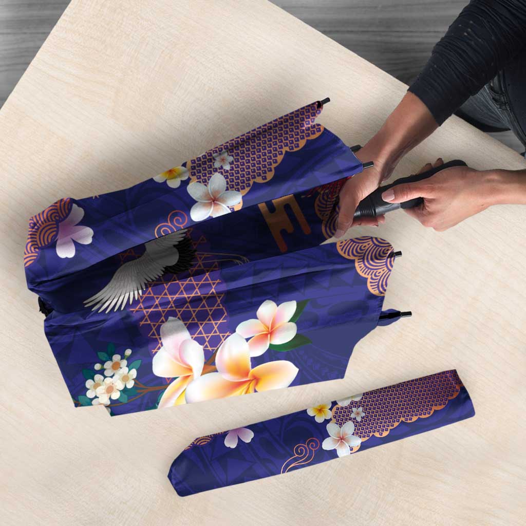 Hawaiian and Japanese Culture Together Umbrella Blue Ohia Lehua Plumeria and Sakura Blooming LT03 - Polynesian Pride
