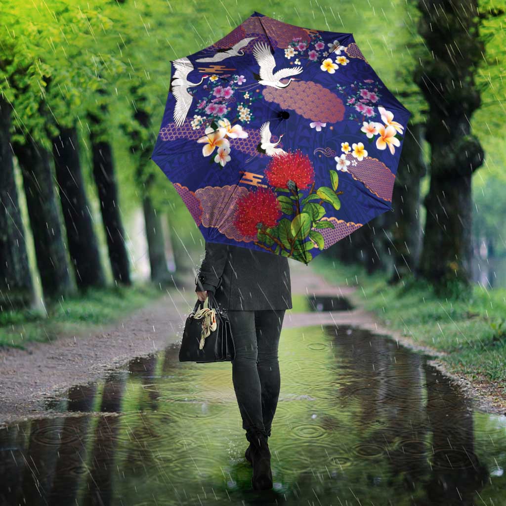 Hawaiian and Japanese Culture Together Umbrella Blue Ohia Lehua Plumeria and Sakura Blooming LT03 - Polynesian Pride