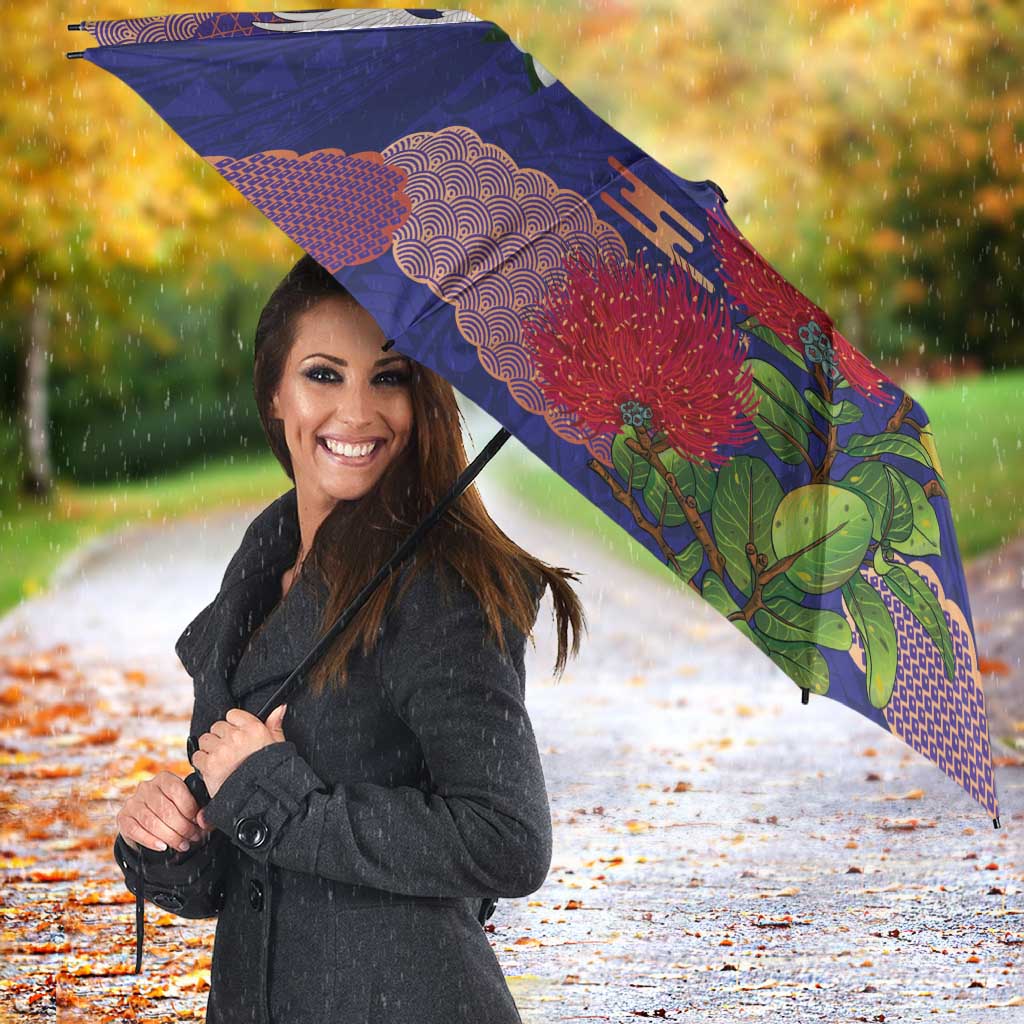 Hawaiian and Japanese Culture Together Umbrella Blue Ohia Lehua Plumeria and Sakura Blooming LT03 - Polynesian Pride