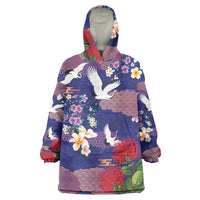 Hawaiian and Japanese Culture Together Wearable Blanket Hoodie Blue Ohia Lehua Plumeria and Sakura Blooming LT03 One Size Blue - Polynesian Pride