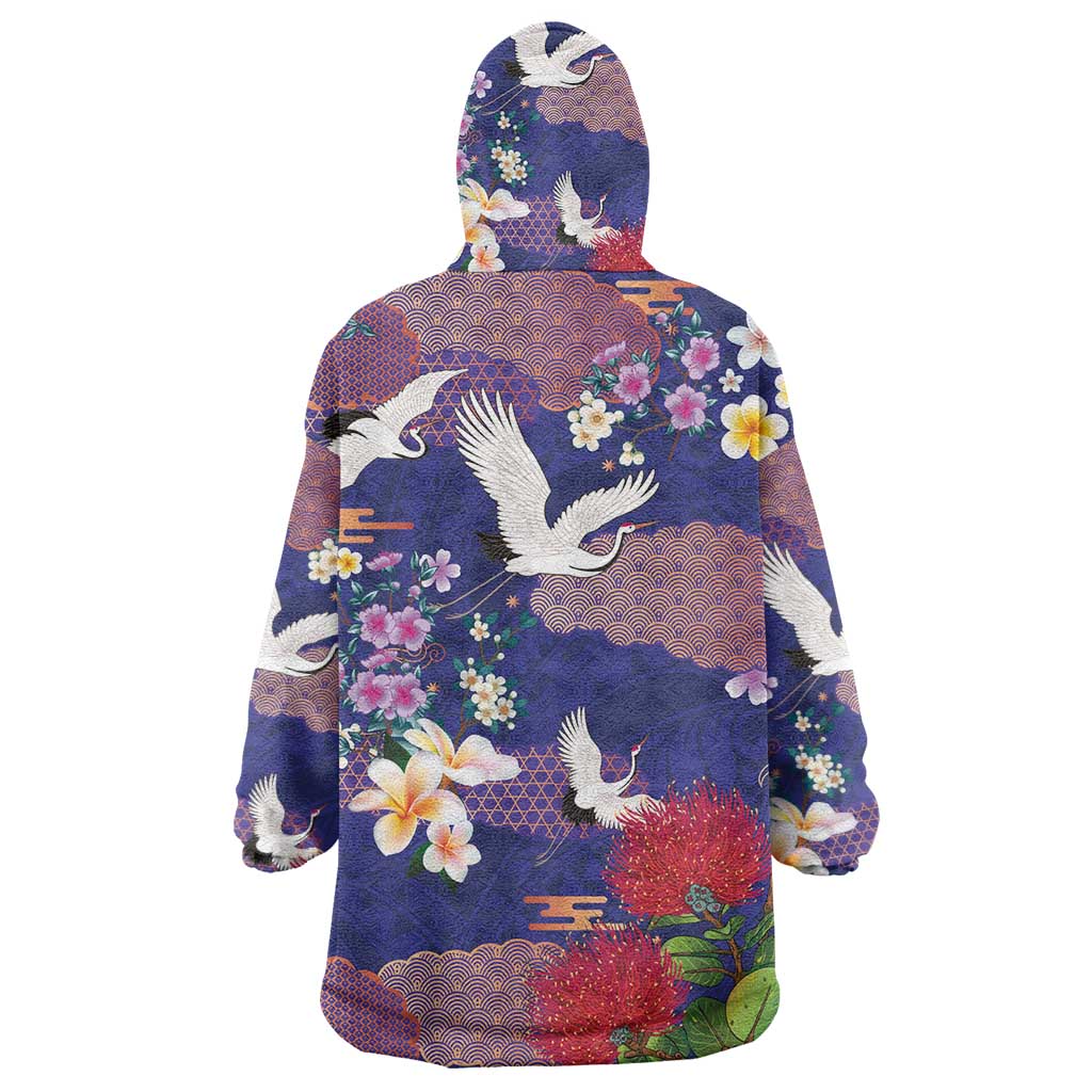 Hawaiian and Japanese Culture Together Wearable Blanket Hoodie Blue Ohia Lehua Plumeria and Sakura Blooming LT03 - Polynesian Pride