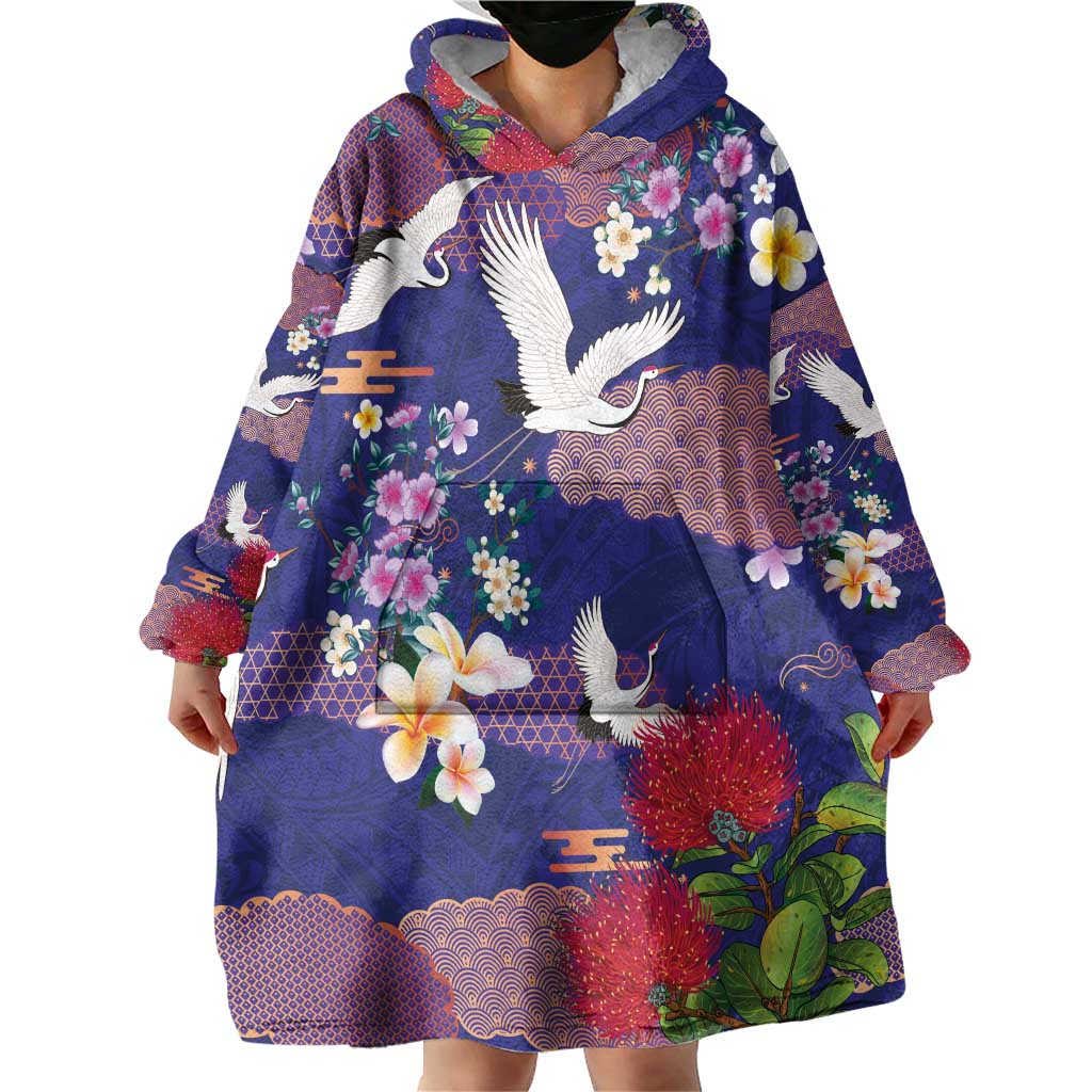 Hawaiian and Japanese Culture Together Wearable Blanket Hoodie Blue Ohia Lehua Plumeria and Sakura Blooming LT03 - Polynesian Pride