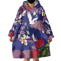 Hawaiian and Japanese Culture Together Wearable Blanket Hoodie Blue Ohia Lehua Plumeria and Sakura Blooming LT03 - Polynesian Pride