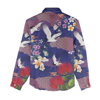 Hawaiian and Japanese Culture Together Women Casual Shirt Blue Ohia Lehua Plumeria and Sakura Blooming - Polynesian Pride