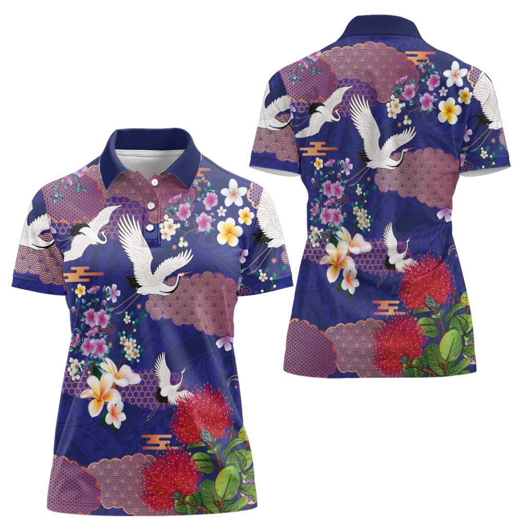 Hawaiian and Japanese Culture Together Women Polo Shirt Blue Ohia Lehua Plumeria and Sakura Blooming - Polynesian Pride