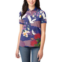 Hawaiian and Japanese Culture Together Women Polo Shirt Blue Ohia Lehua Plumeria and Sakura Blooming - Polynesian Pride