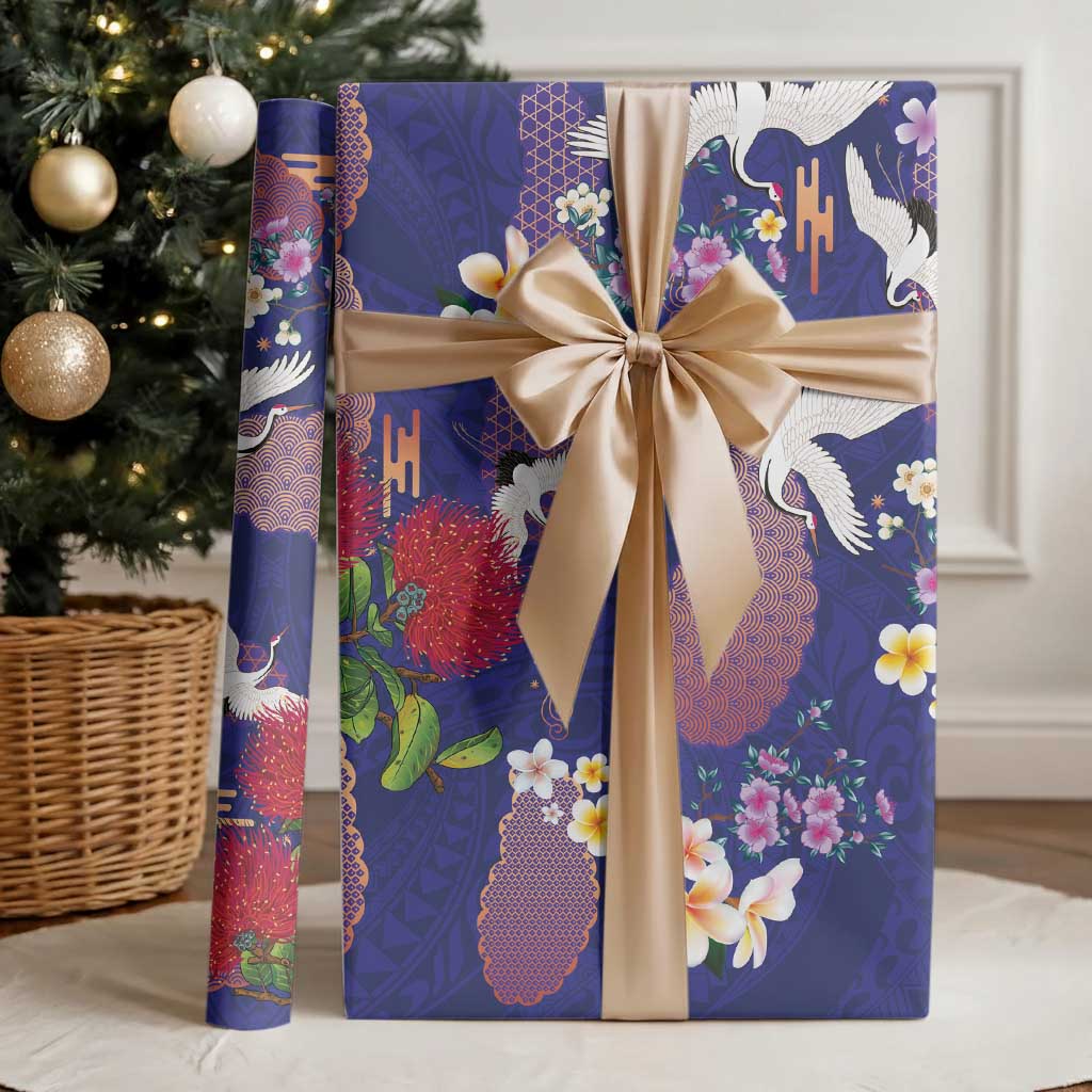 Hawaiian and Japanese Culture Together Wrapping Paper Blue Ohia Lehua Plumeria and Sakura Blooming - Polynesian Pride