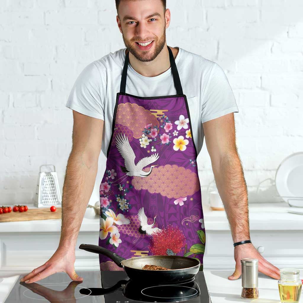 Hawaiian and Japanese Culture Together Apron Purple Ohia Lehua Plumeria and Sakura Blooming - Polynesian Pride