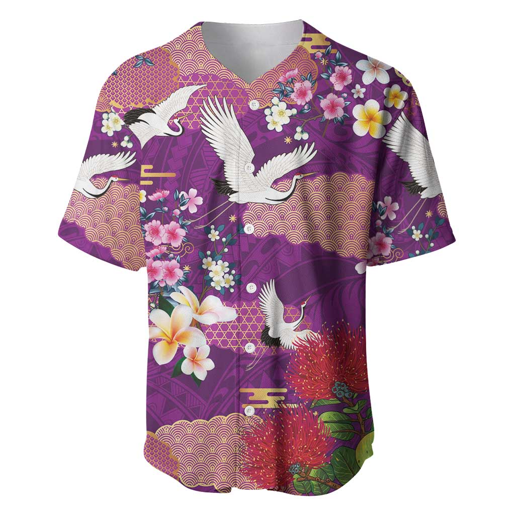Hawaiian and Japanese Culture Together Baseball Jersey Purple Ohia Lehua Plumeria and Sakura Blooming - Polynesian Pride