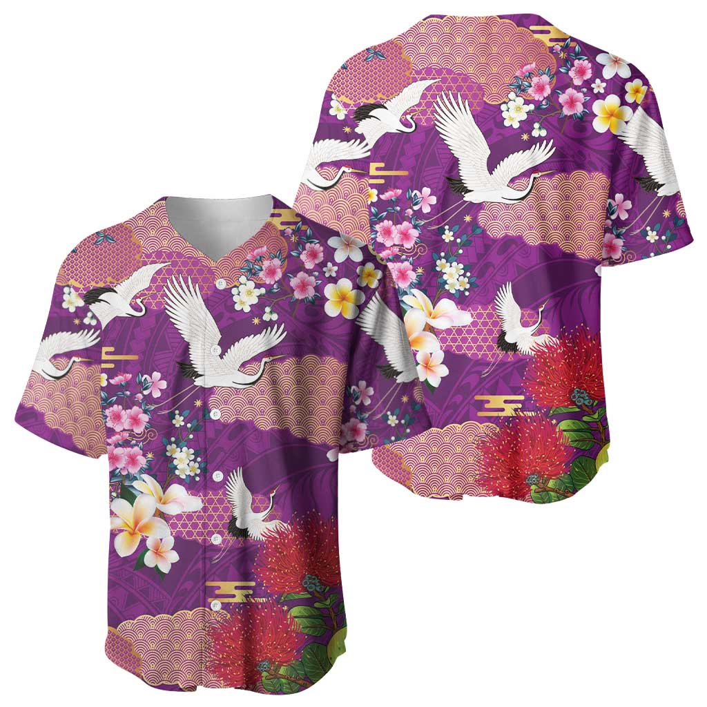 Hawaiian and Japanese Culture Together Baseball Jersey Purple Ohia Lehua Plumeria and Sakura Blooming - Polynesian Pride