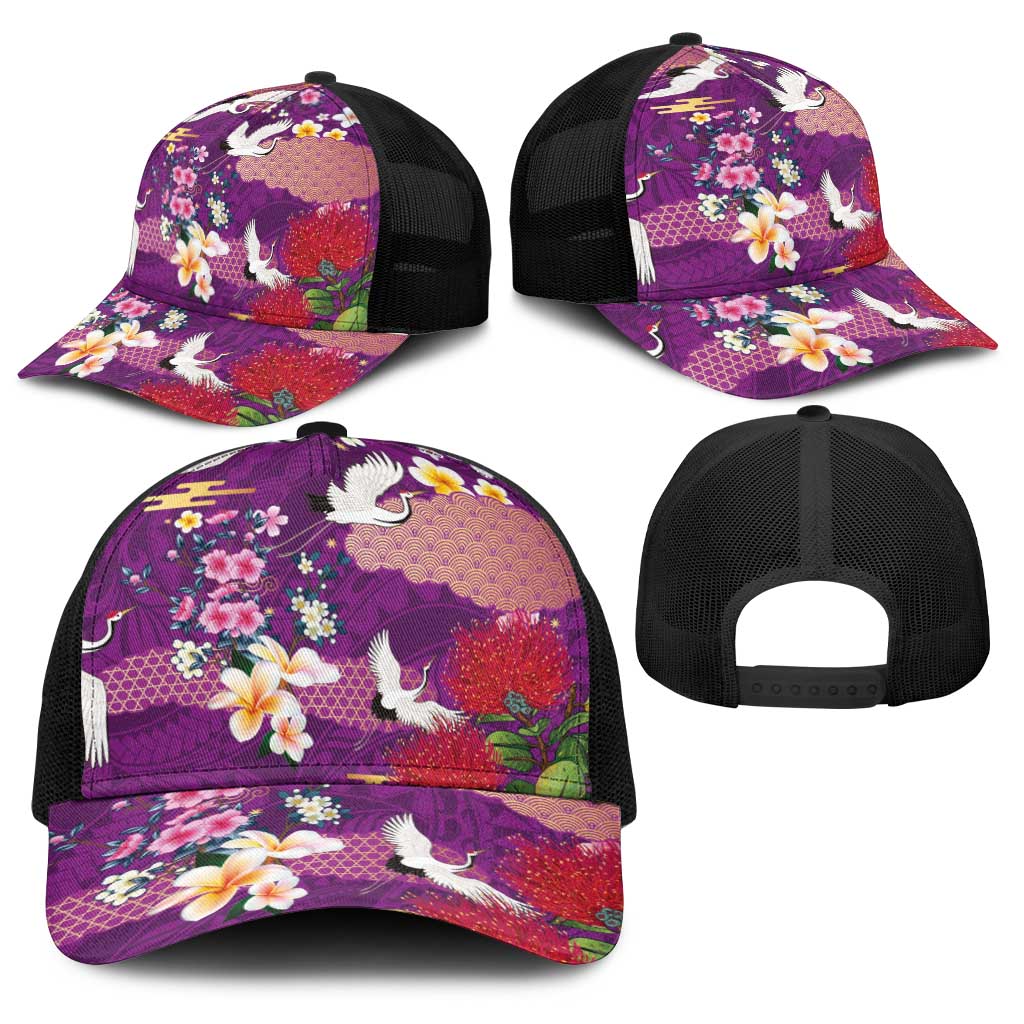 Hawaiian and Japanese Culture Together Baseball Net Cap Purple Ohia Lehua Plumeria and Sakura Blooming - Polynesian Pride