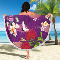 Hawaiian and Japanese Culture Together Beach Blanket Purple Ohia Lehua Plumeria and Sakura Blooming - Polynesian Pride