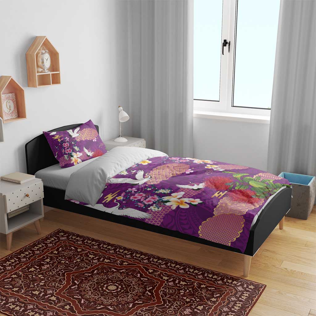 Hawaiian and Japanese Culture Together Bedding Set Purple Ohia Lehua Plumeria and Sakura Blooming - Polynesian Pride
