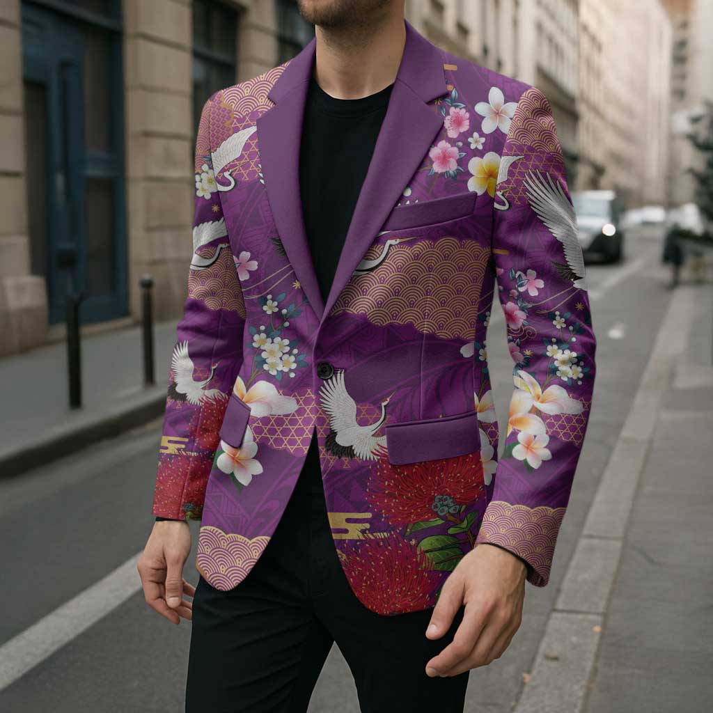 Hawaiian and Japanese Culture Together Blazer Purple Ohia Lehua Plumeria and Sakura Blooming - Polynesian Pride