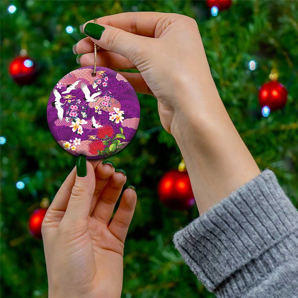 Hawaiian and Japanese Culture Together Ceramic Ornament Purple Ohia Lehua Plumeria and Sakura Blooming - Polynesian Pride