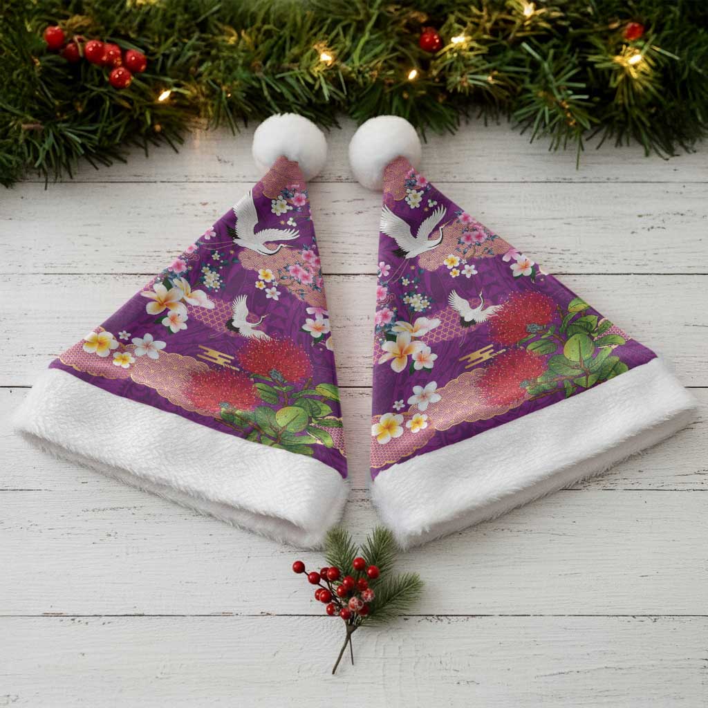 Hawaiian and Japanese Culture Together Christmas Santa Hat Purple Ohia Lehua Plumeria and Sakura Blooming - Polynesian Pride