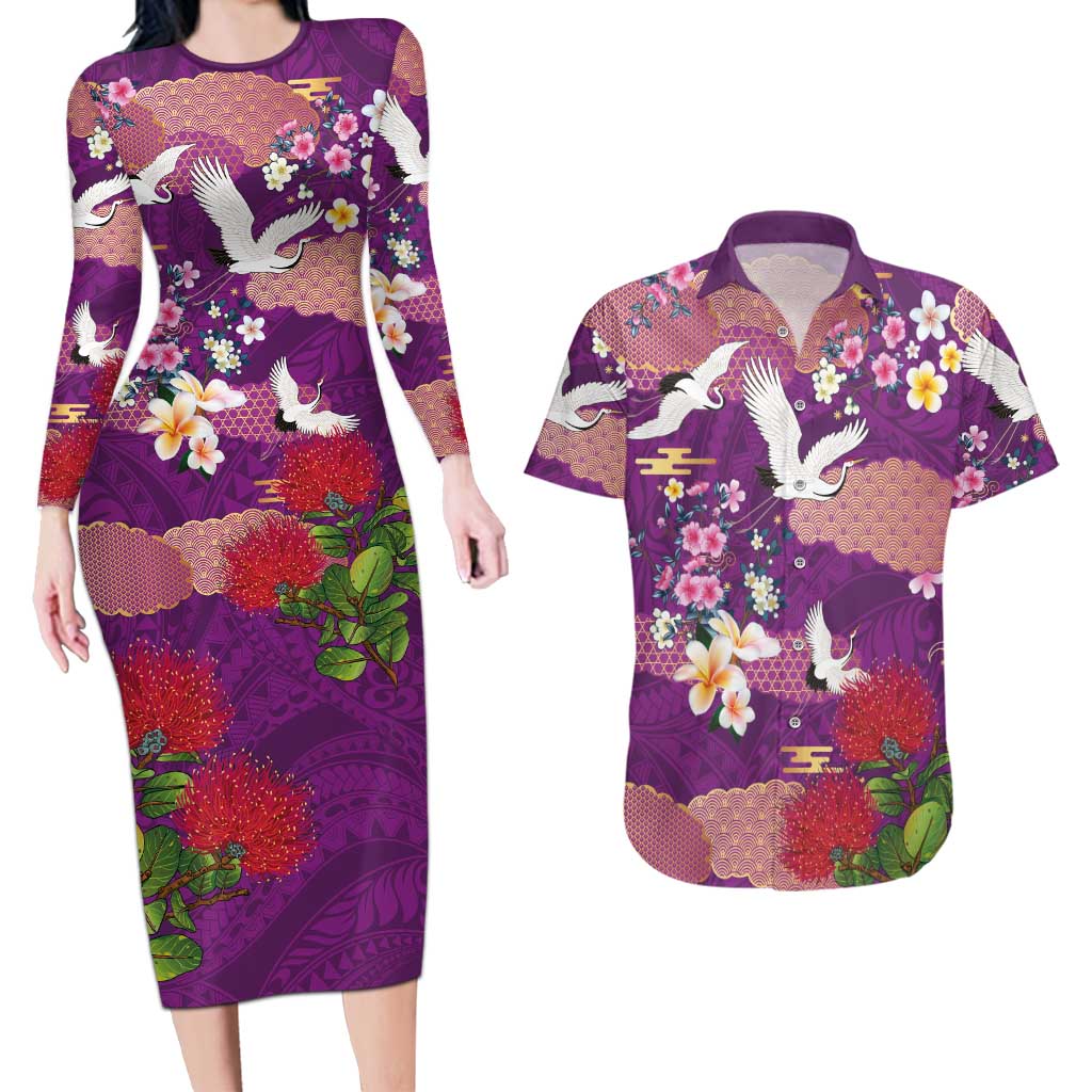 Hawaiian and Japanese Culture Together Couples Matching Long Sleeve Bodycon Dress and Hawaiian Shirt Purple Ohia Lehua Plumeria and Sakura Blooming - Polynesian Pride