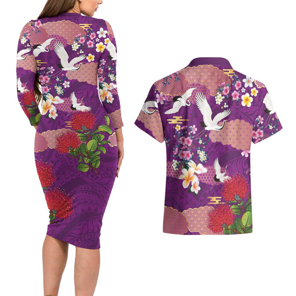 Hawaiian and Japanese Culture Together Couples Matching Long Sleeve Bodycon Dress and Hawaiian Shirt Purple Ohia Lehua Plumeria and Sakura Blooming - Polynesian Pride