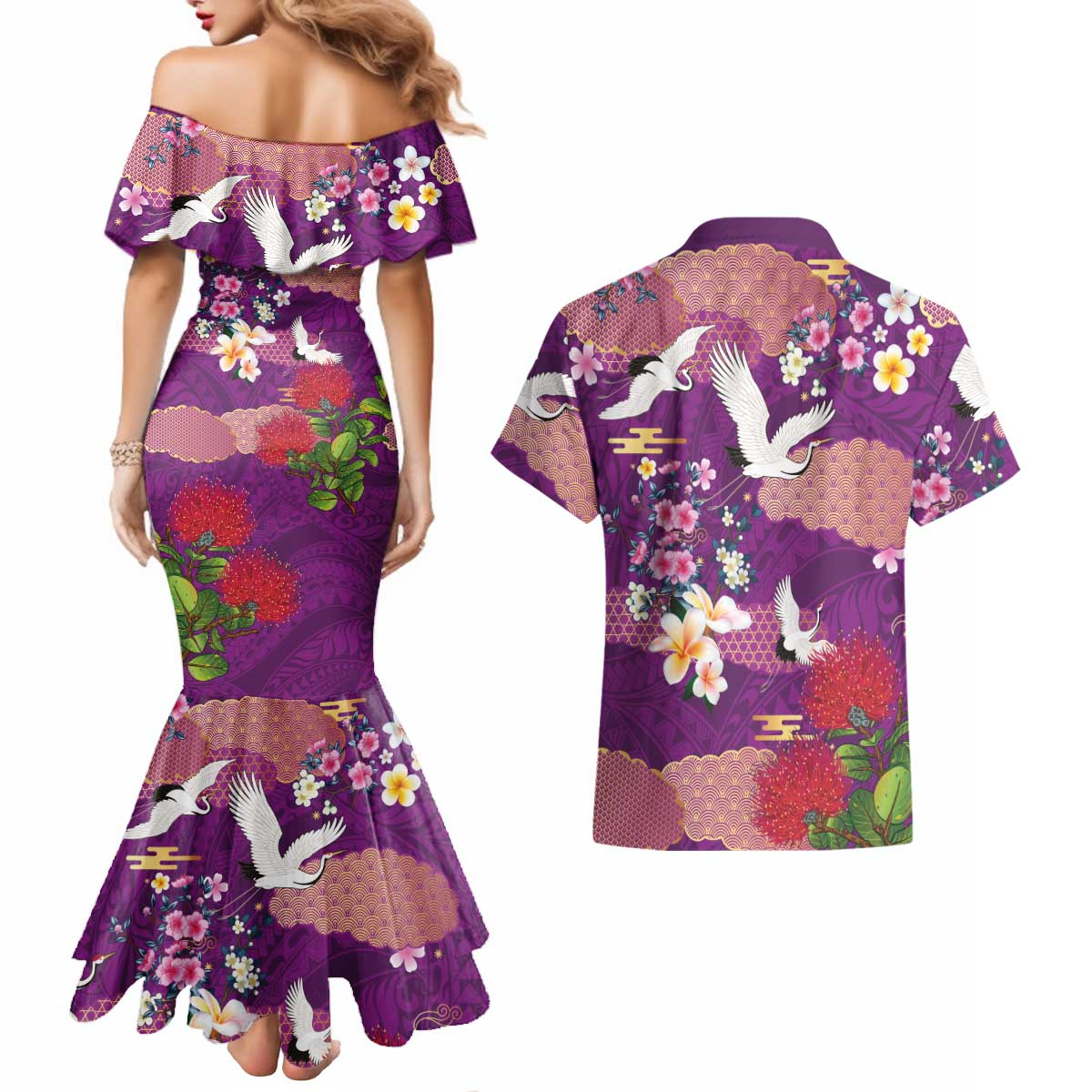 Hawaiian and Japanese Culture Together Couples Matching Mermaid Dress and Hawaiian Shirt Purple Ohia Lehua Plumeria and Sakura Blooming - Polynesian Pride